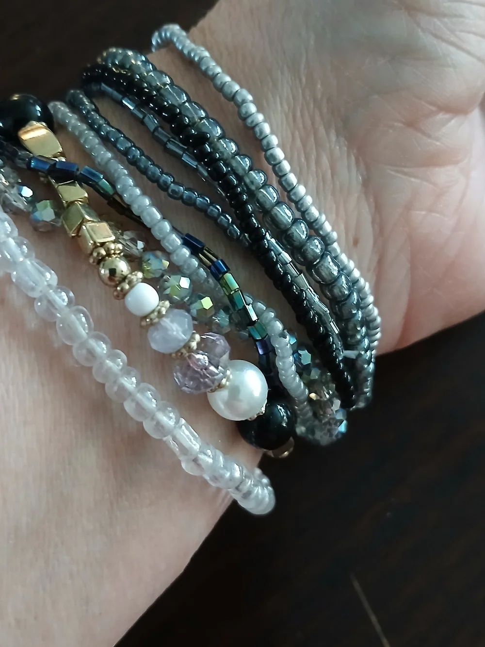 Multi-Strand Beaded Bracelets [10 PACK!] Black, Silver and Pearl